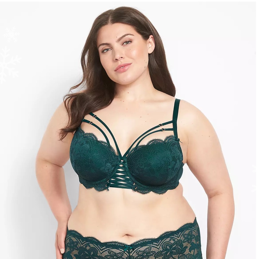 Cacique 38G Scalloped Lace Boost Balconette Bra With Strappy Details Dark Green